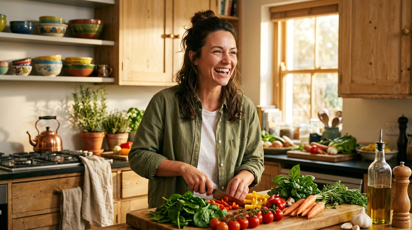 vibrant woman cooking with fresh vegetables and joy