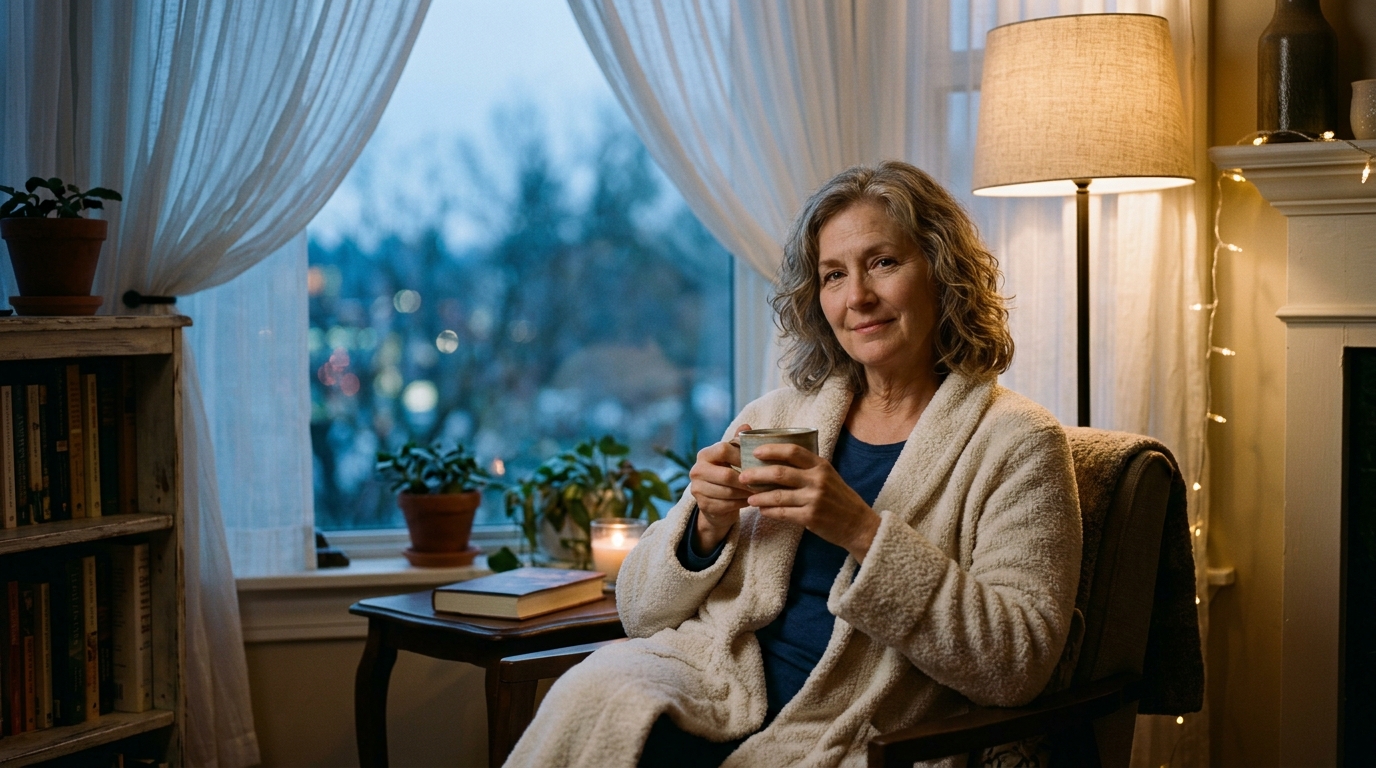 peaceful woman with tea inviting deeper rest