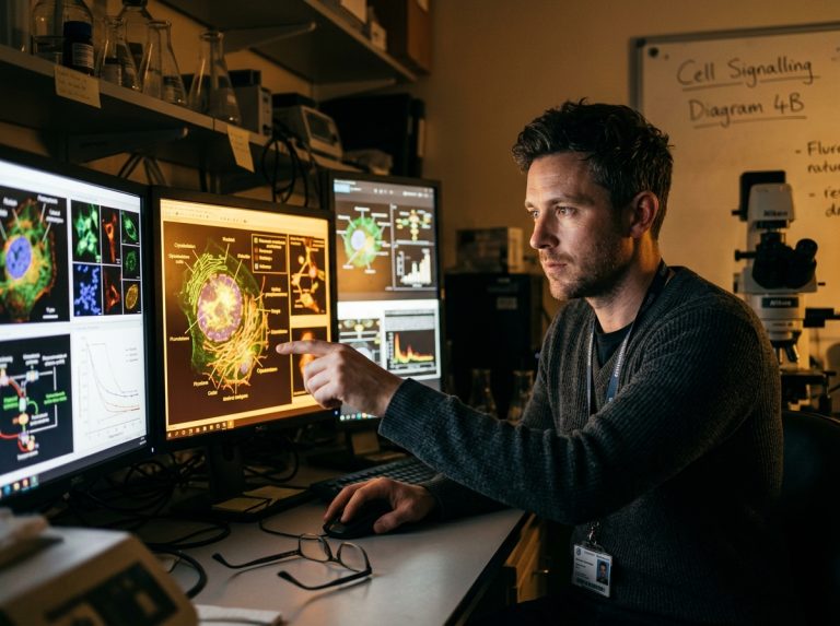 man studying cellular research in laboratory