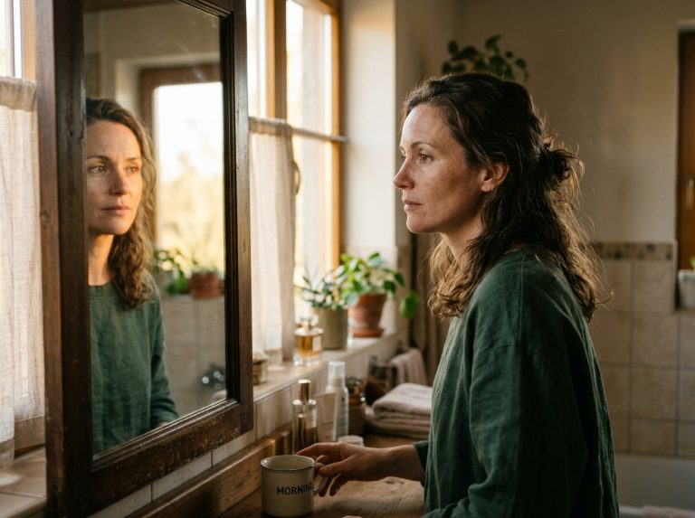 woman looking thoughtfully into morning mirror