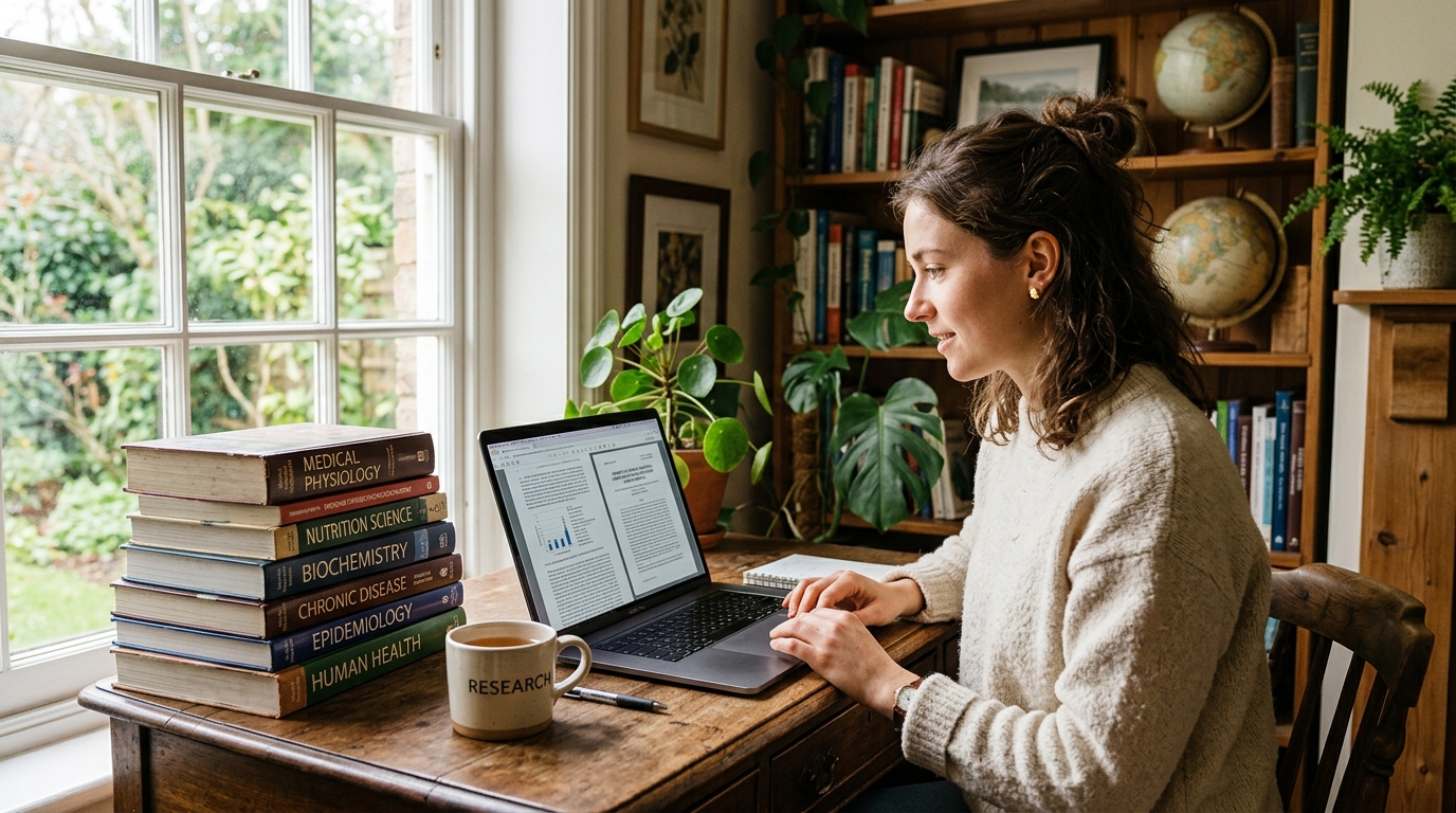 woman researching mitochondrial health at home desk