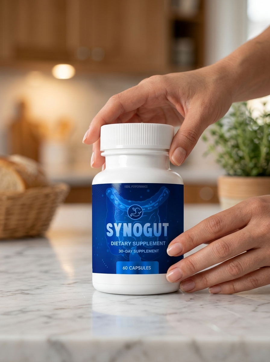 SynoGut digestive support supplement bottle held gently