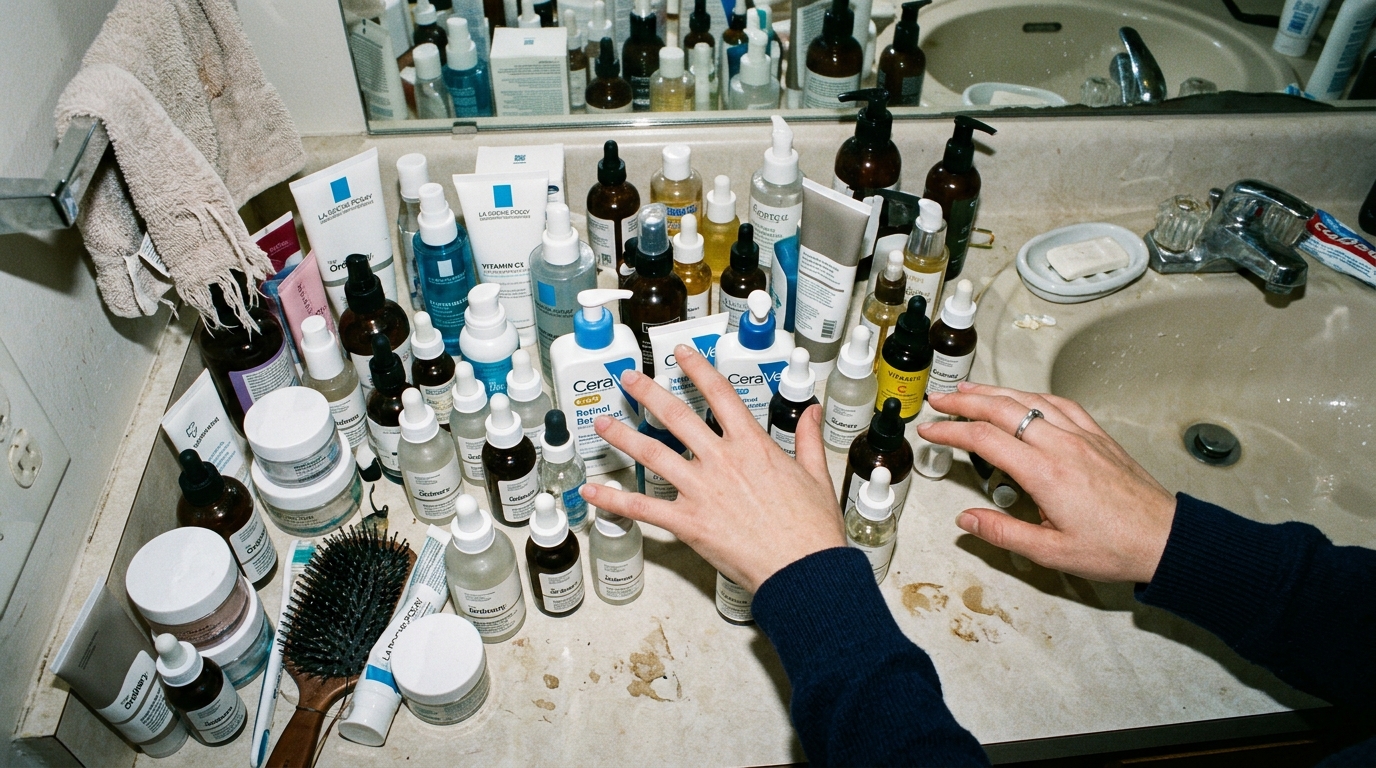 cluttered skincare routine bathroom counter products