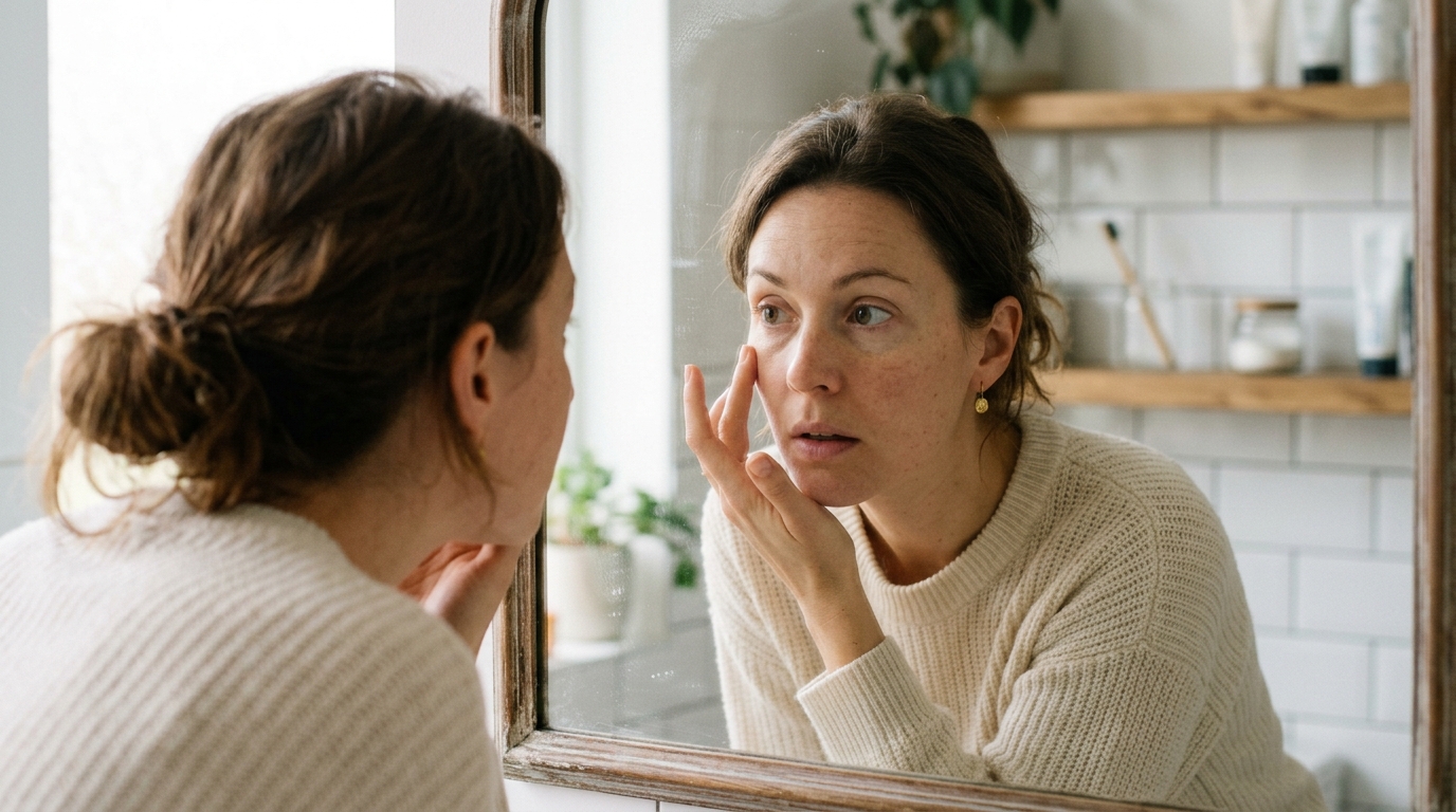 woman examining subtle skin changes morning mirror