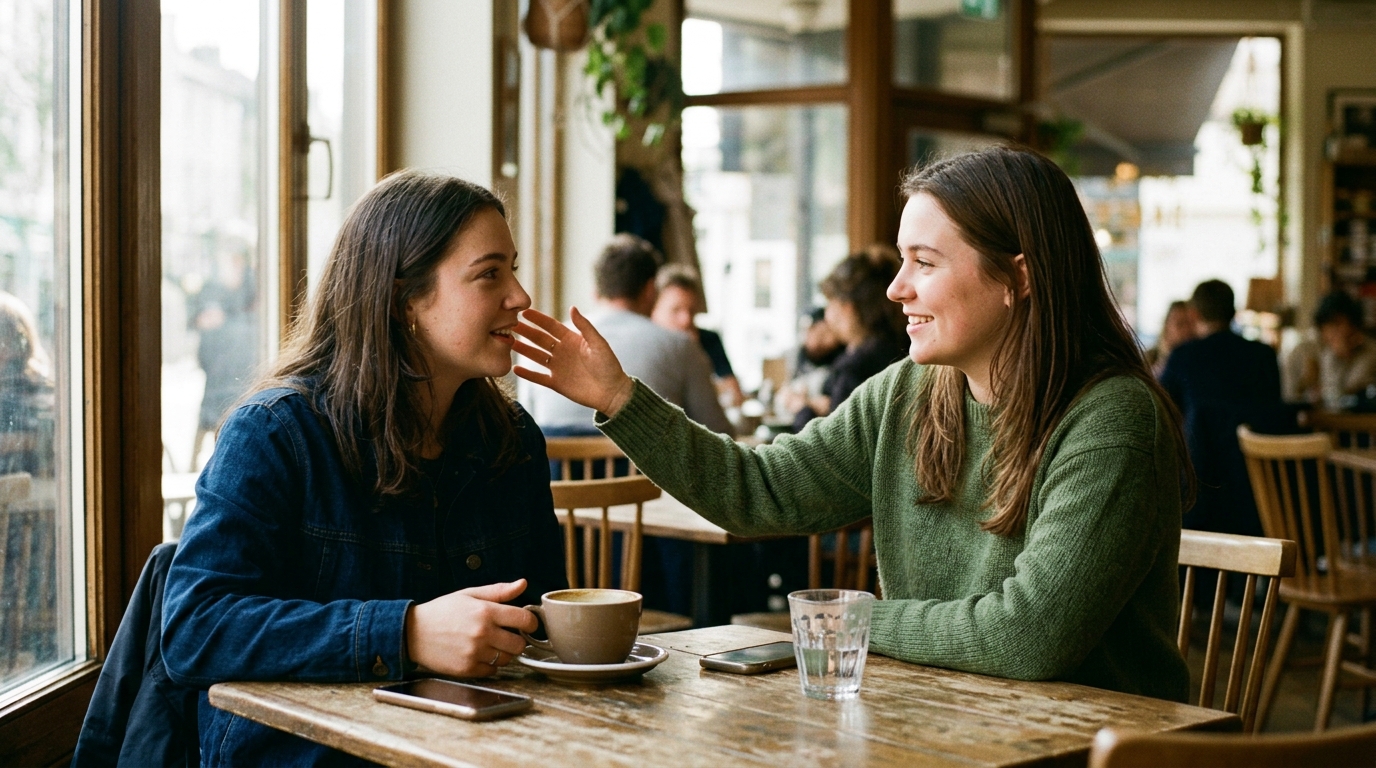 women friends conversation compliment cafe natural light