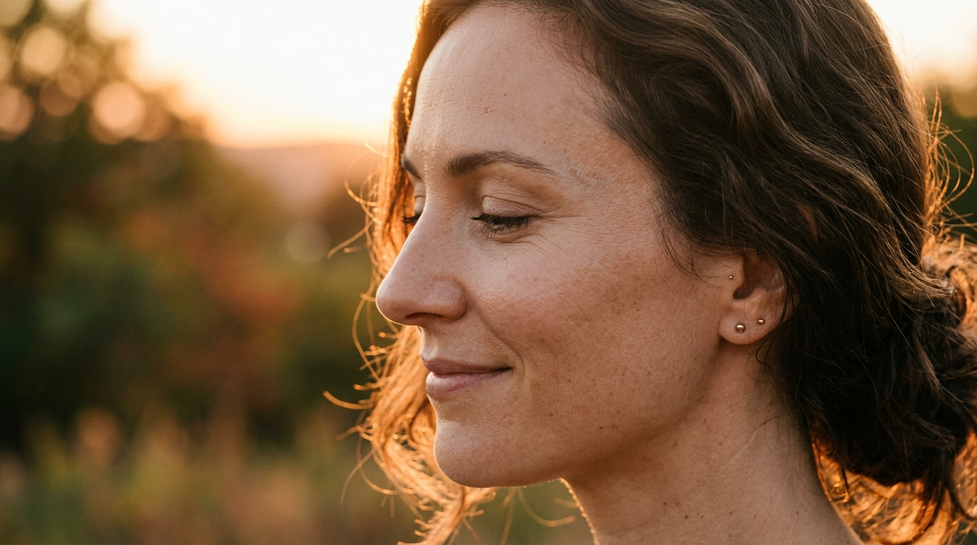 woman profile golden hour healthy glowing skin