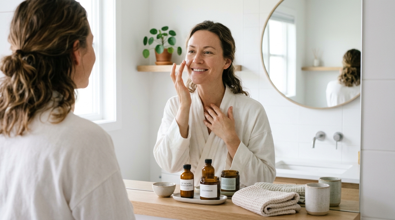 simplified skincare routine confident woman morning