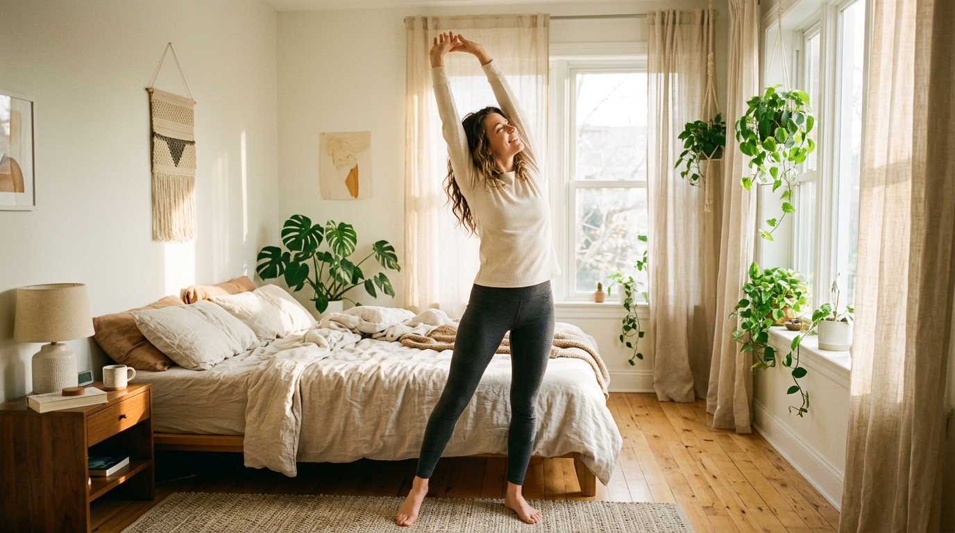 woman morning stretch bedroom energy sunlight vitality