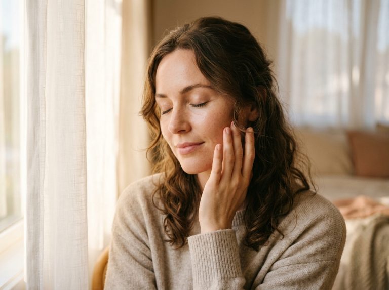 woman touching face peacefully morning light