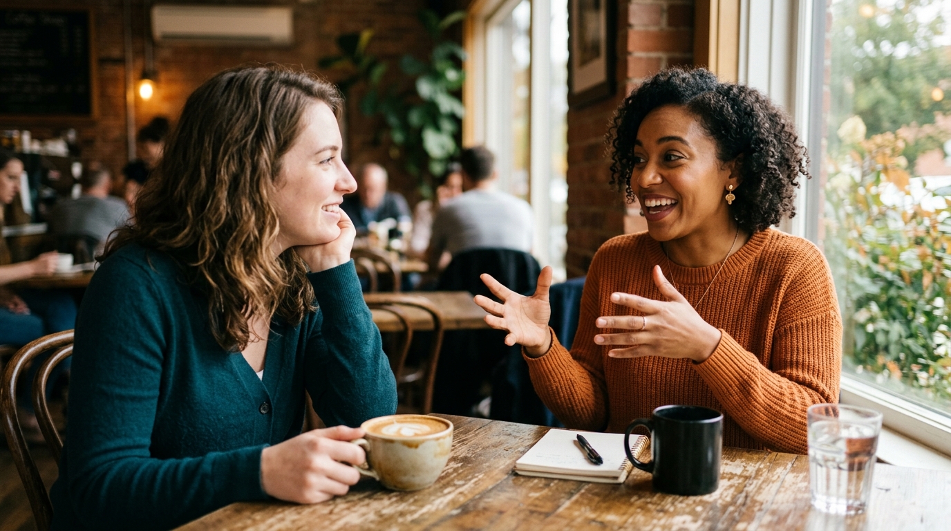 two women coffee conversation discovery moment