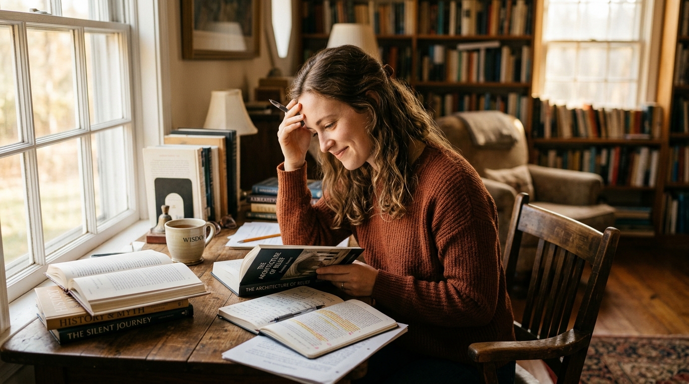woman reading research materials contemplative expression