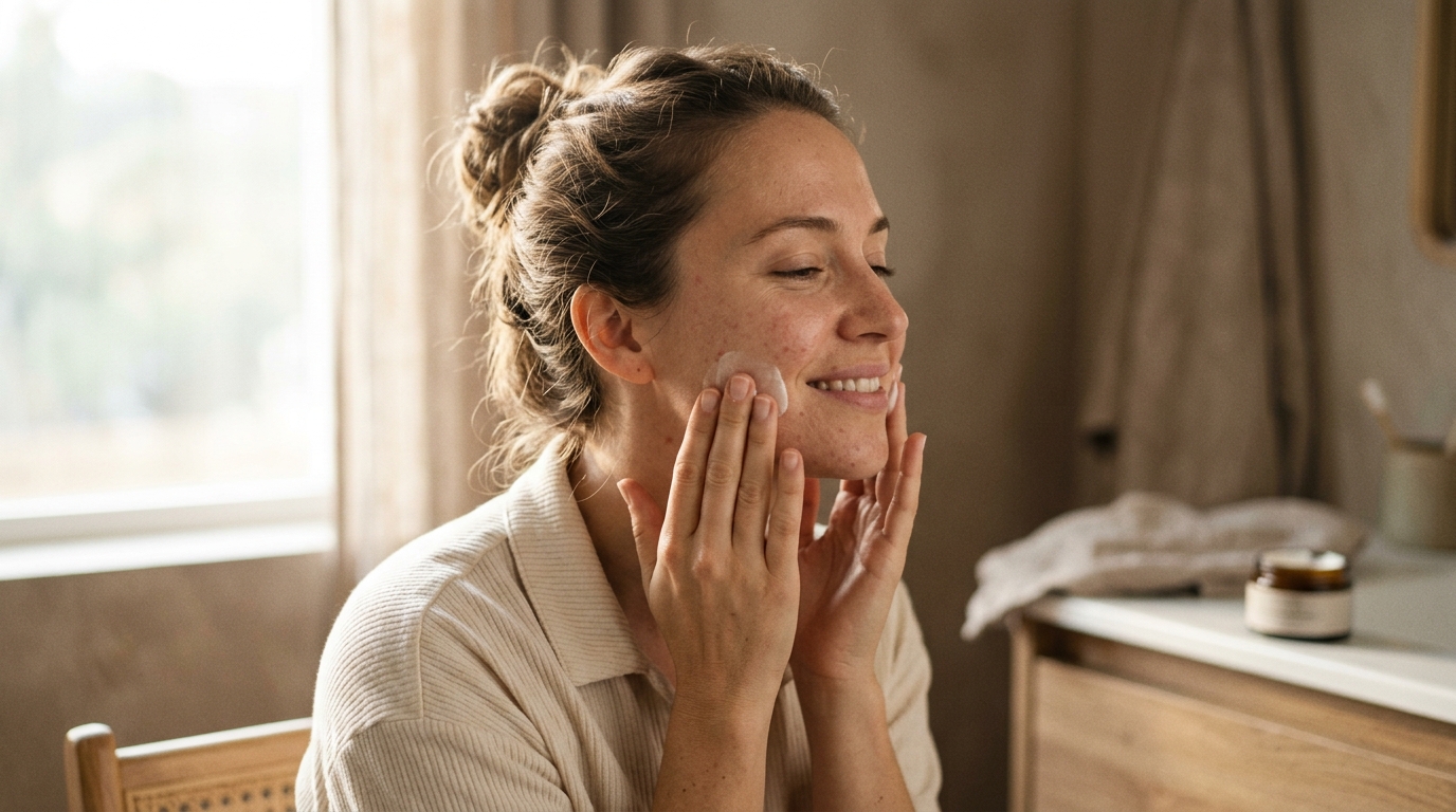 woman applying moisturizer peaceful confidence