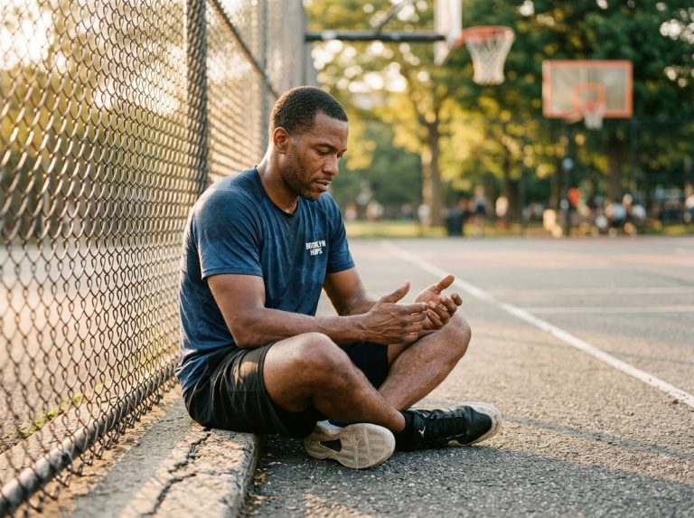man contemplating on basketball court at sunset