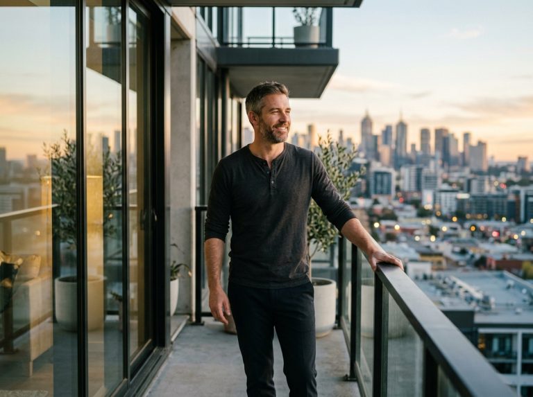 man standing confidently at dawn city balcony