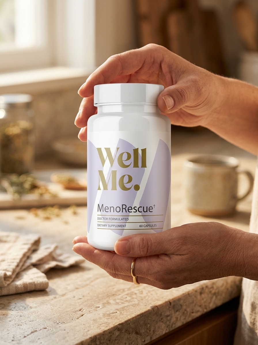 MenoRescue supplement bottle in caring hands
