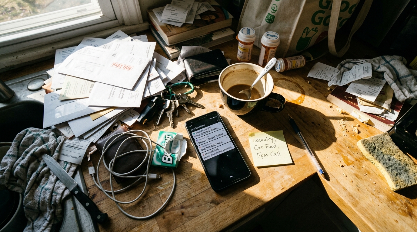cluttered counter showing daily life triggers