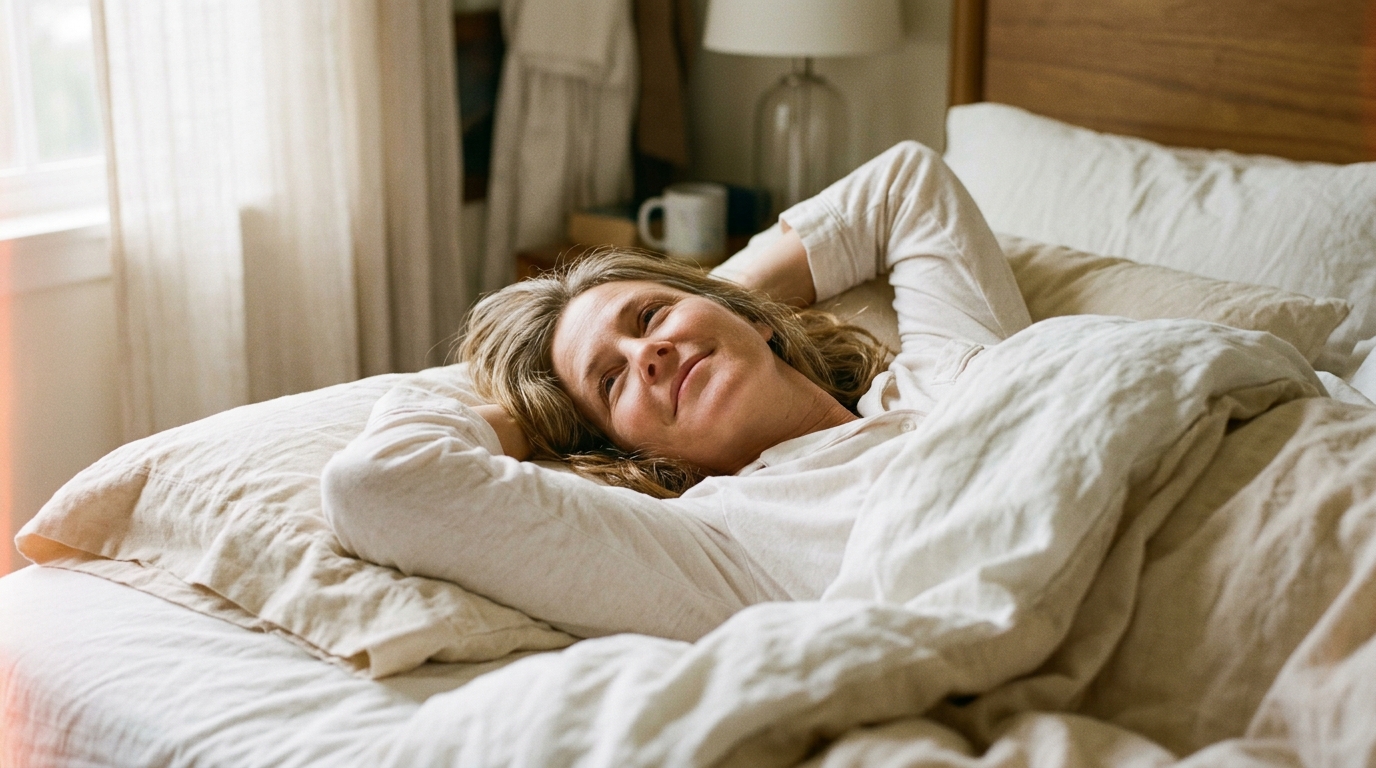 woman waking peacefully in morning light