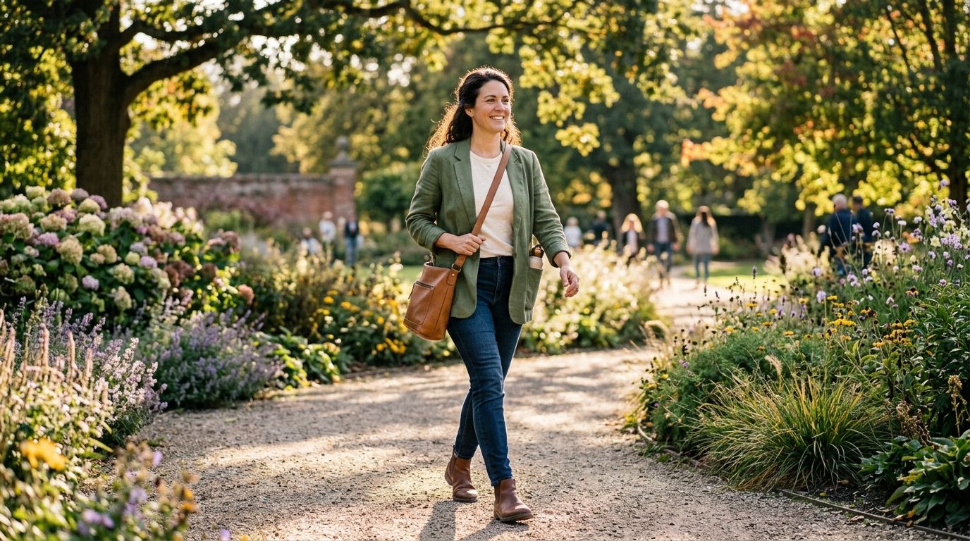 woman walking confidently in natural setting