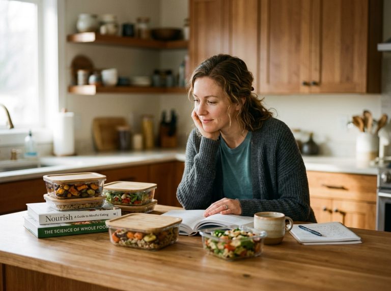 woman contemplating nutrition myths at kitchen counter