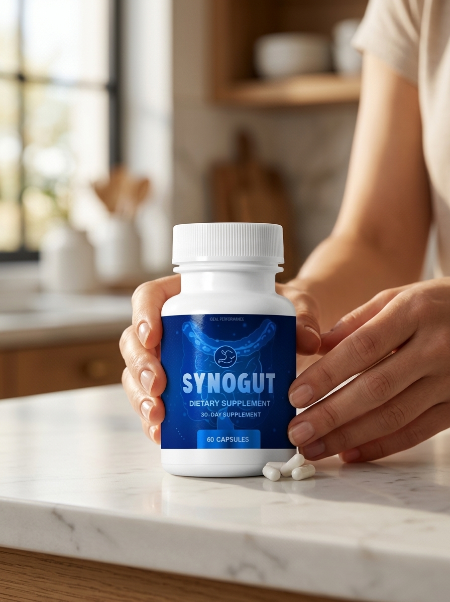 SynoGut supplement bottle with gentle hands