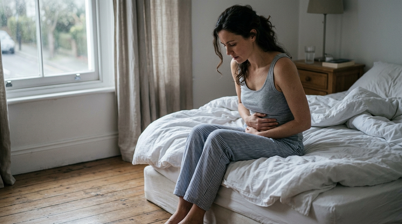 tired woman holding stomach in morning light
