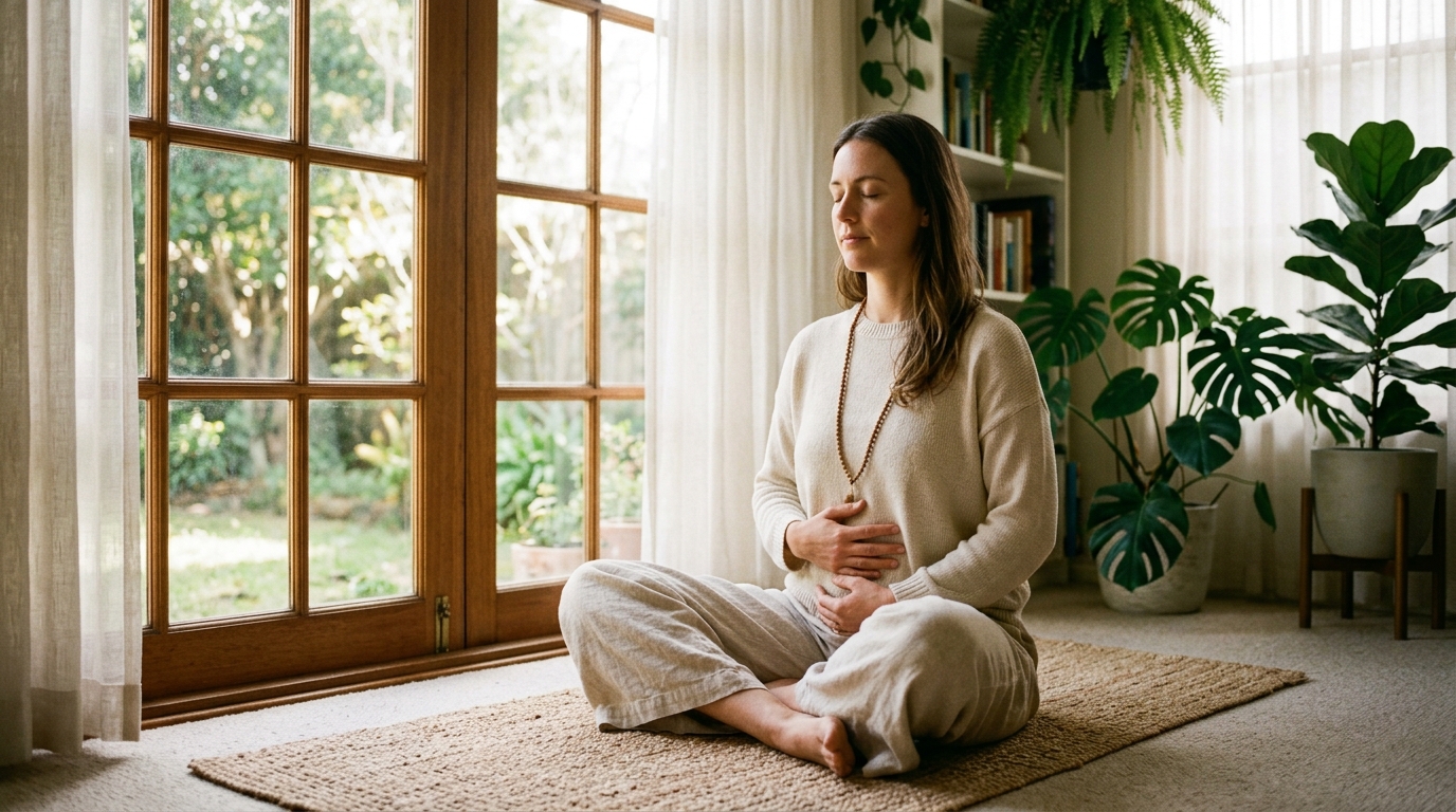 woman meditating with hands on stomach