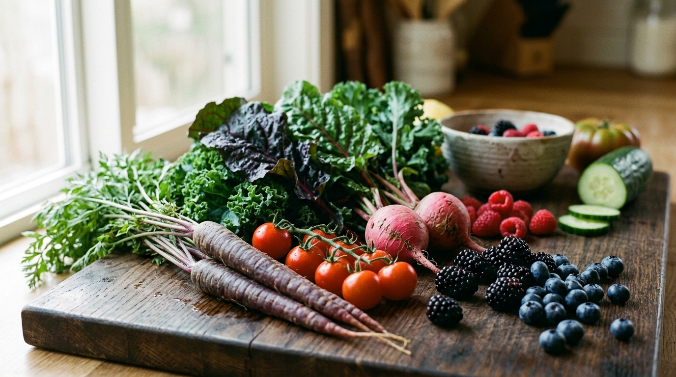 colorful fresh vegetables and fruits on cutting board