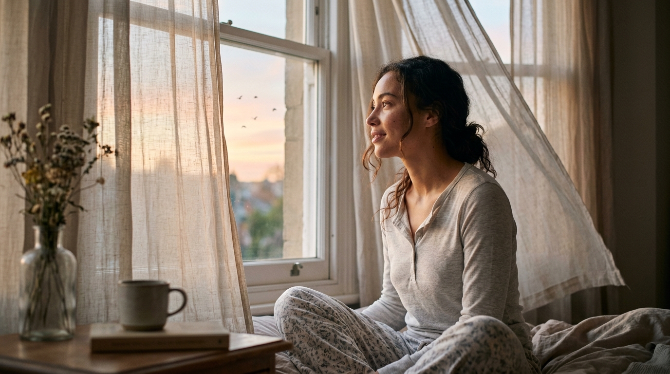 woman looking thoughtfully out window at dawn