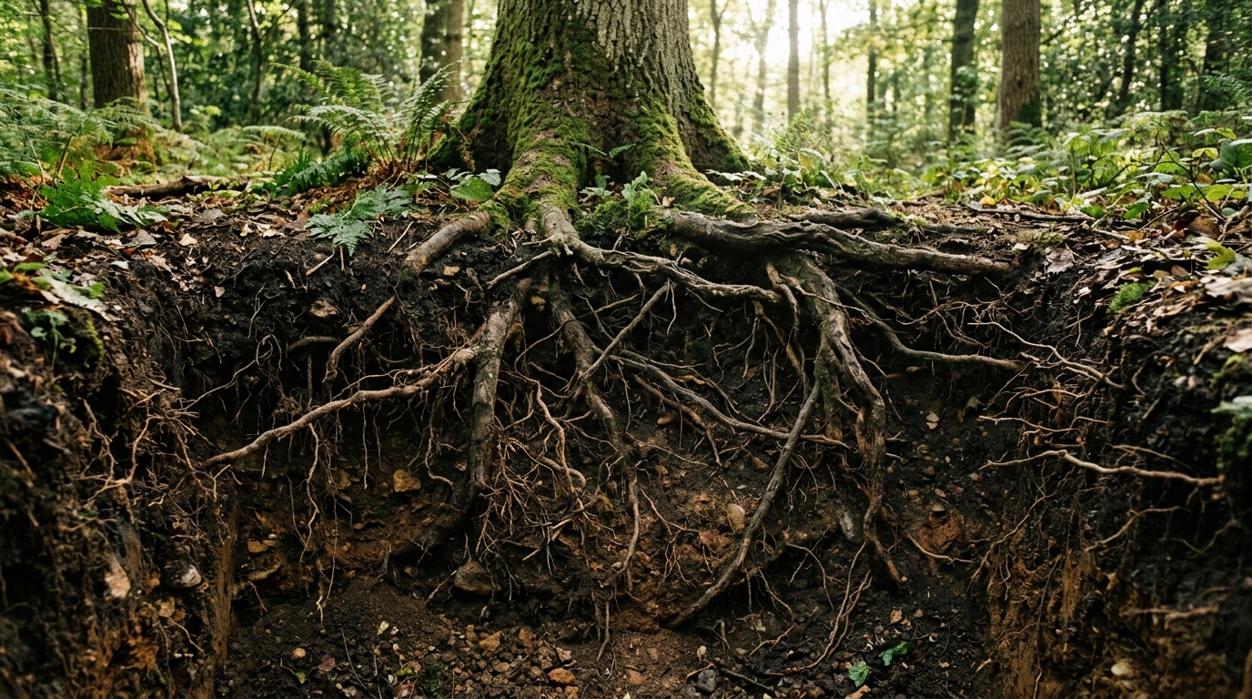 strong tree roots spreading through rich soil