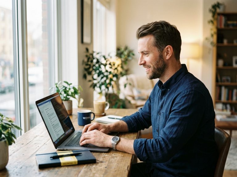 energized man working focused at desk morning