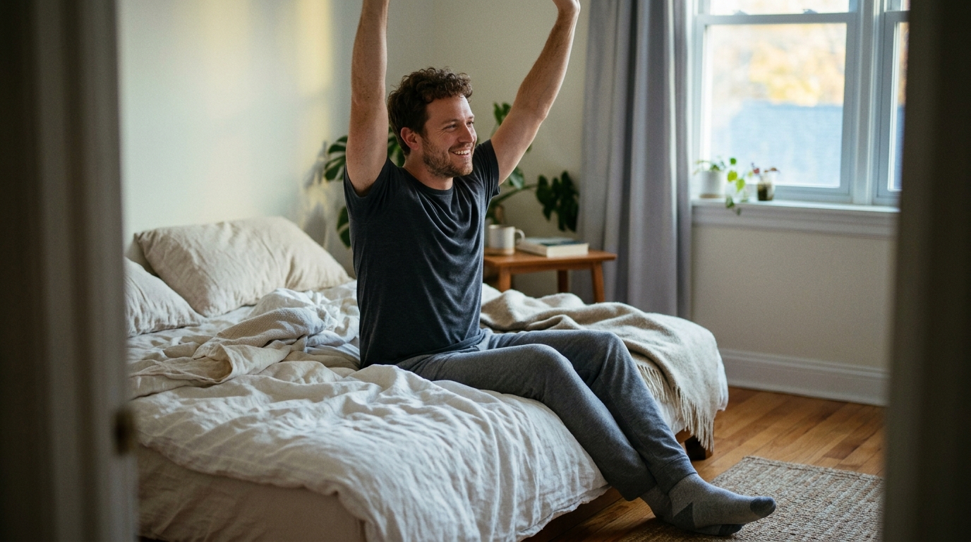 man stretching arms morning bedroom natural energy