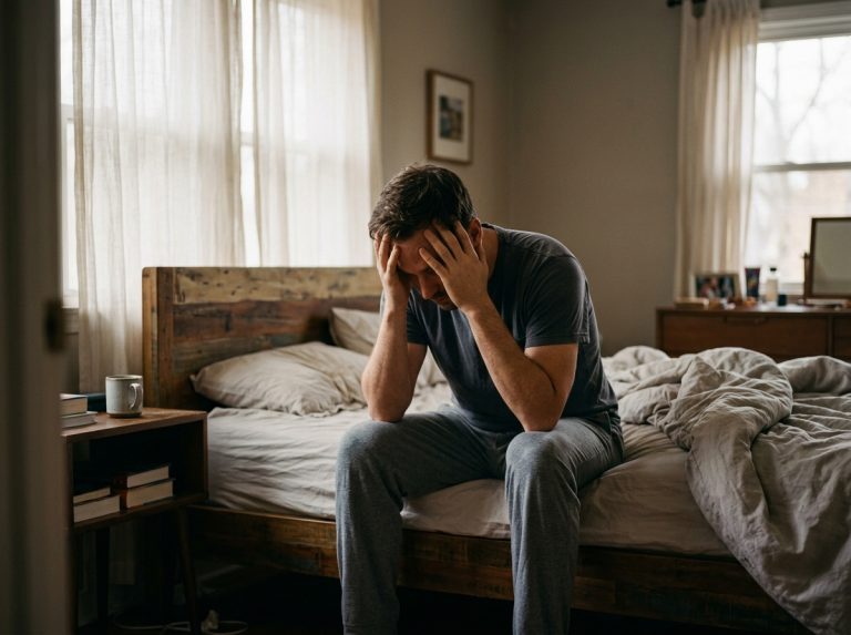 man sitting on bed edge feeling morning fatigue