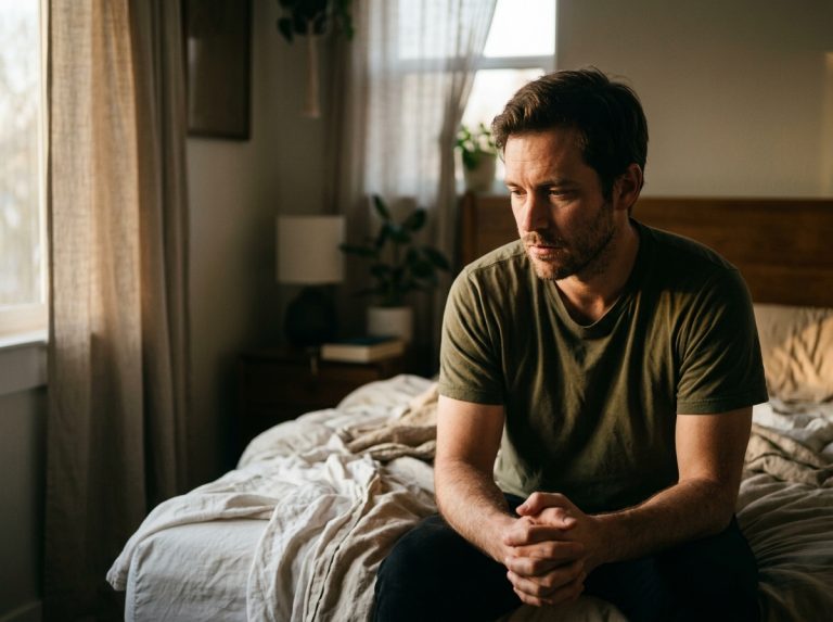 man sitting contemplatively on bed edge morning light