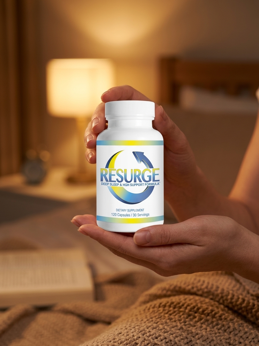 Resurge sleep support supplement bottle held gently