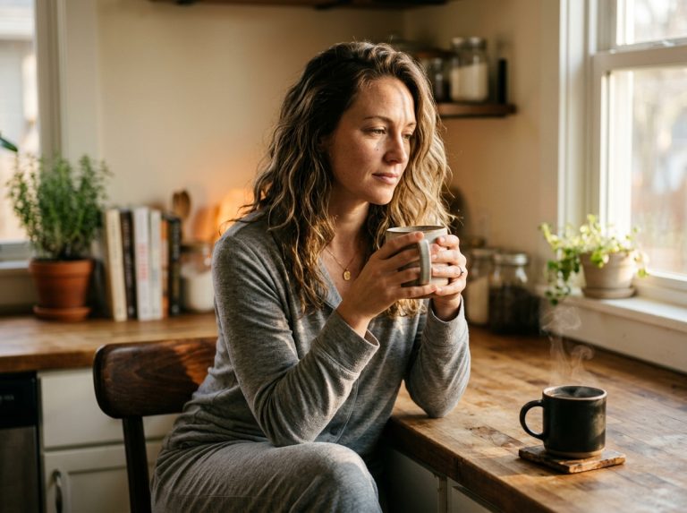woman contemplating peacefully at morning kitchen counter