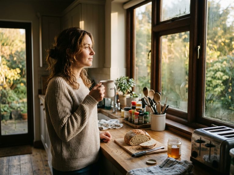 woman contemplating morning routine kitchen window