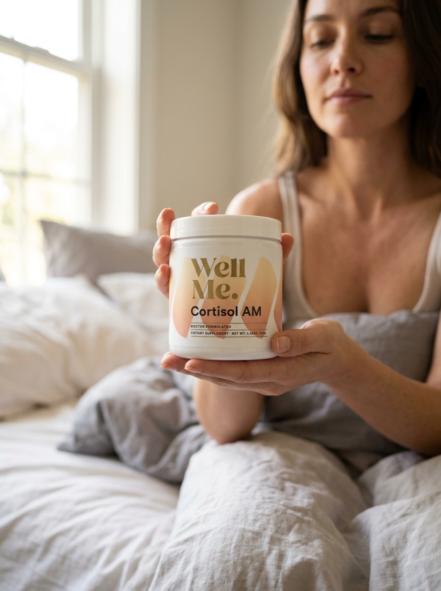 woman holding cortisol AM supplement bottle