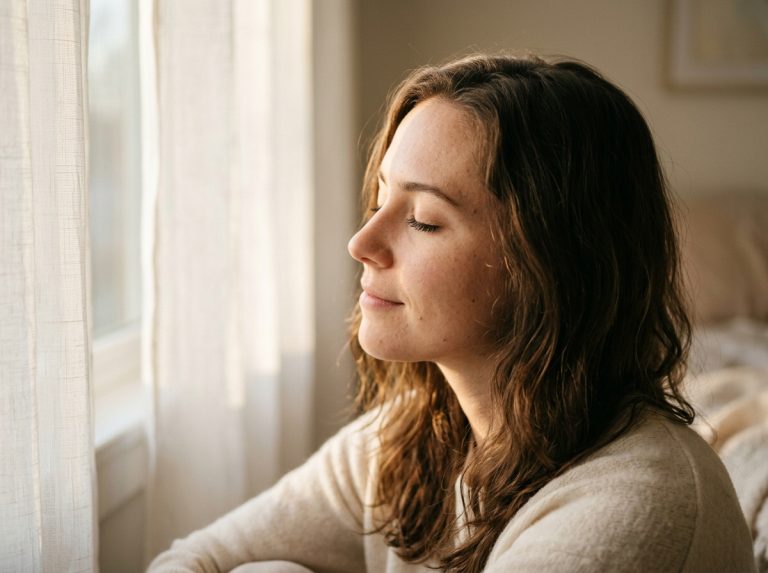 woman peaceful morning light soft expression relief