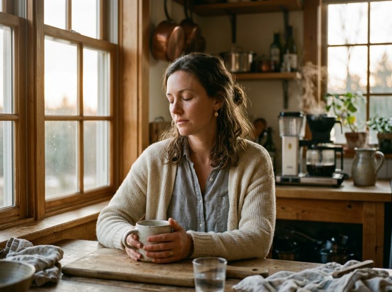 woman reflecting quietly in morning kitchen light