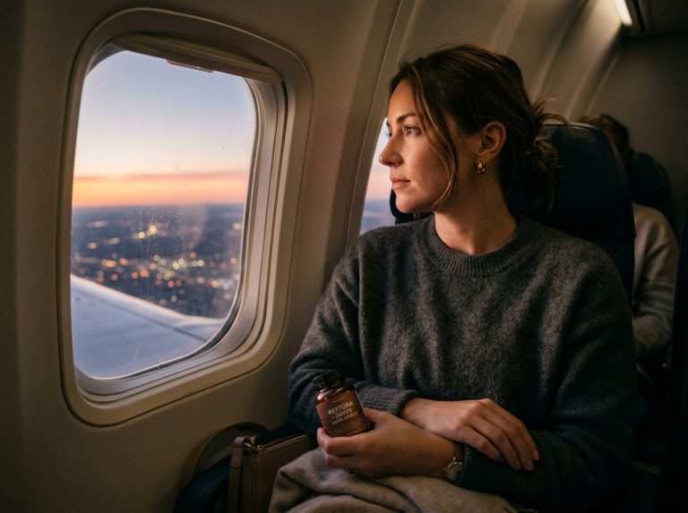 woman contemplating travel fatigue looking through airplane window