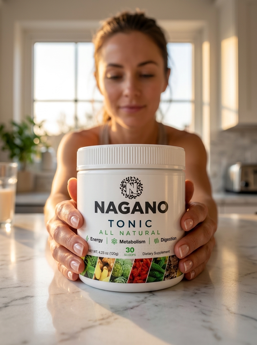 Nagano Tonic metabolism boosting supplement bottle held gently