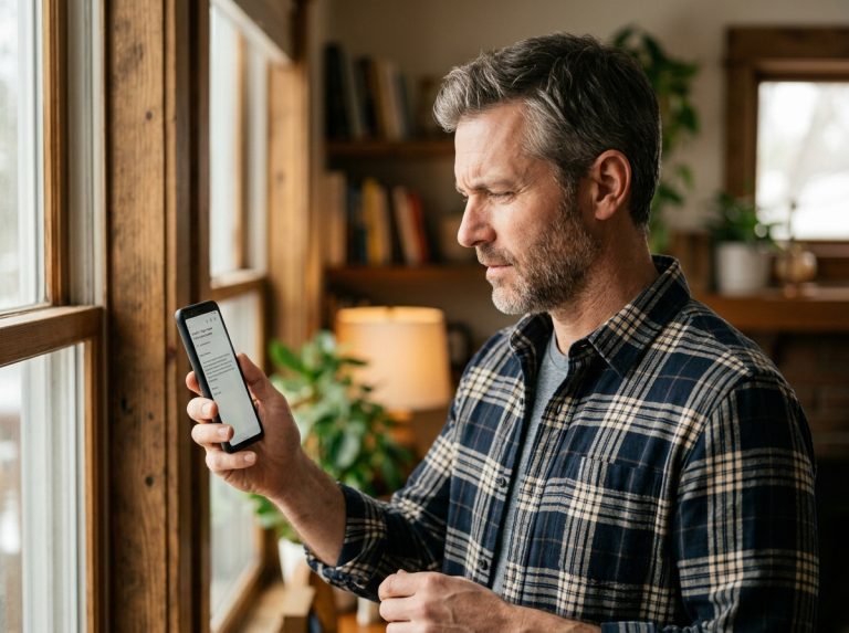 man holding phone at arms length reading