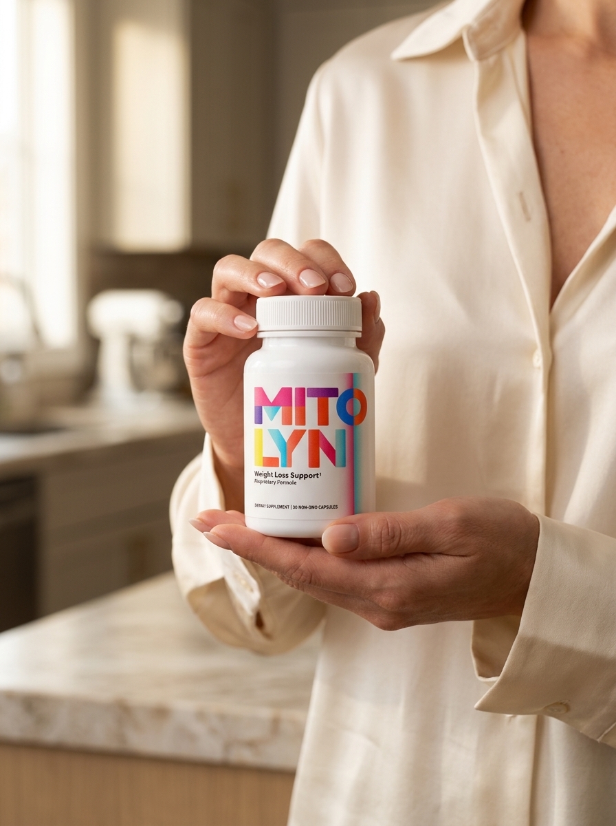 Mitolyn mitochondrial support supplement bottle held by woman