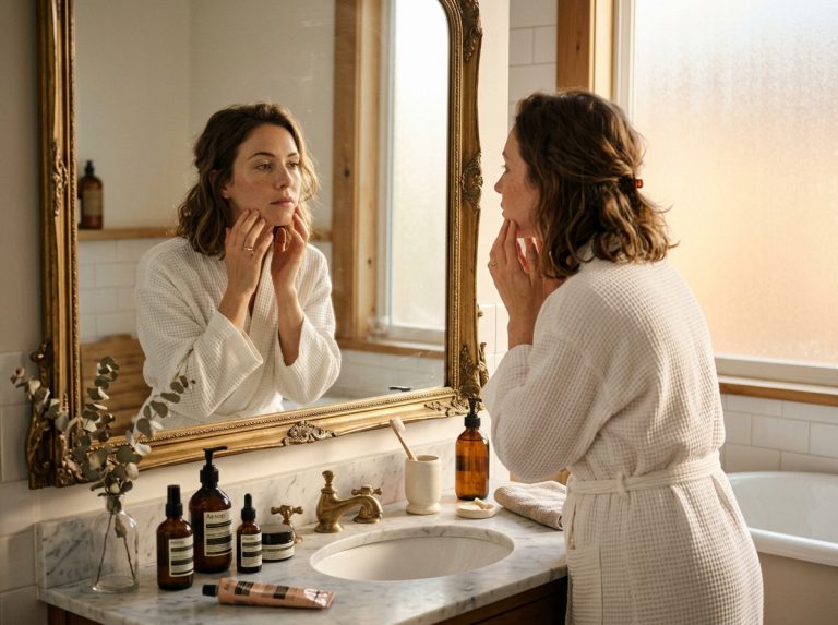 woman contemplating skincare routine at bathroom mirror