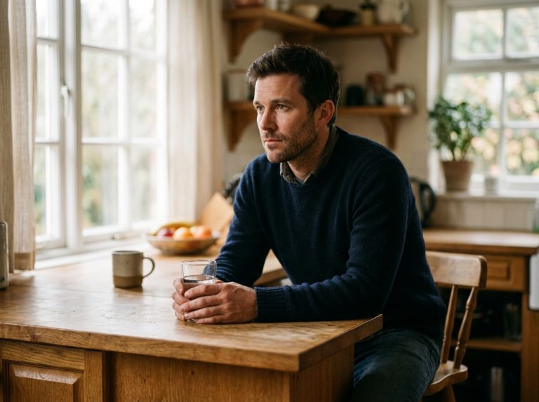 man contemplating morning routine kitchen counter