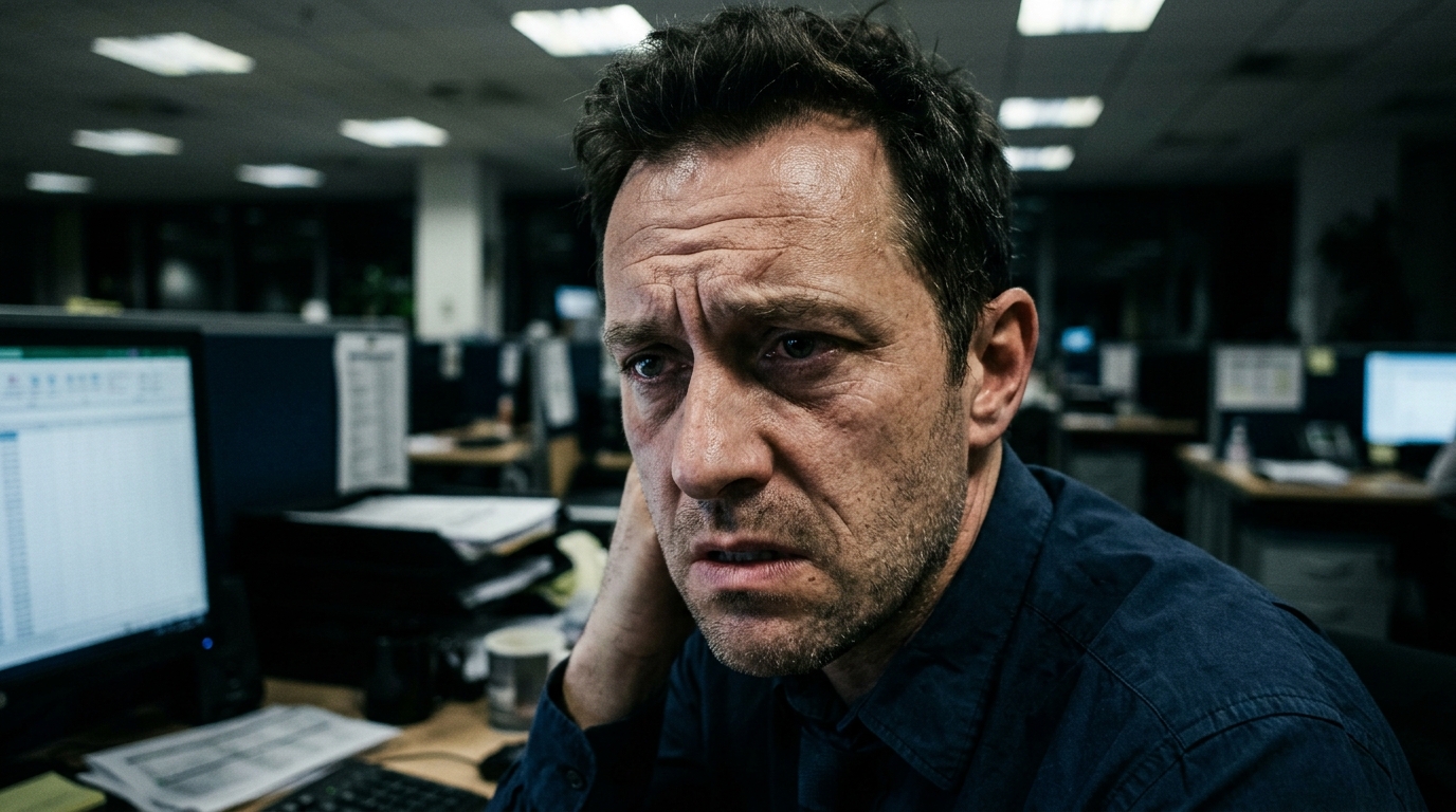 stressed man harsh office lighting tension