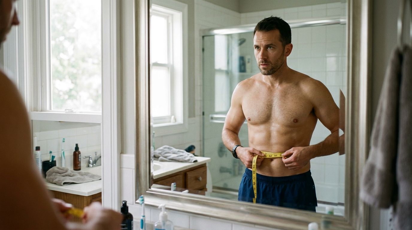 man measuring waist bathroom mirror morning