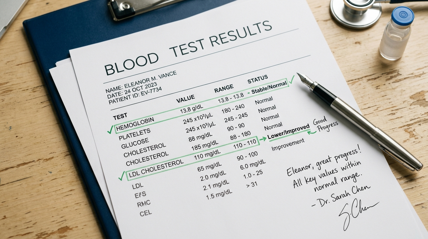 blood test results medical desk pen