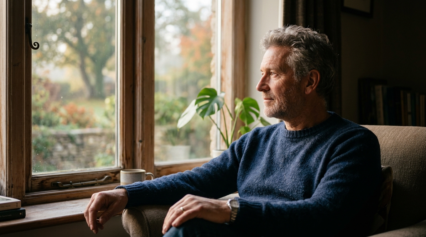man contemplative window light peaceful expression