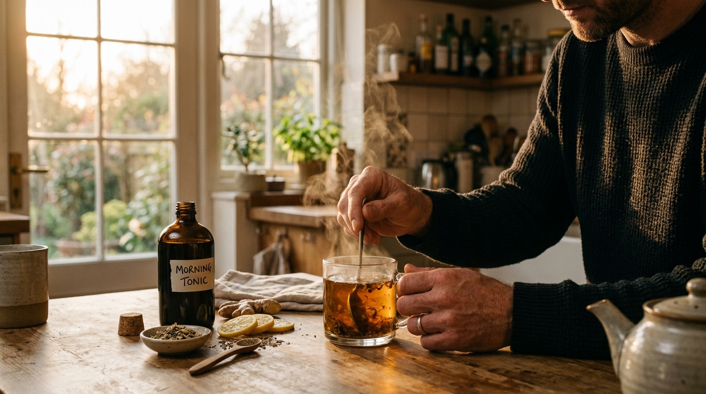 hands mixing tonic kitchen golden hour